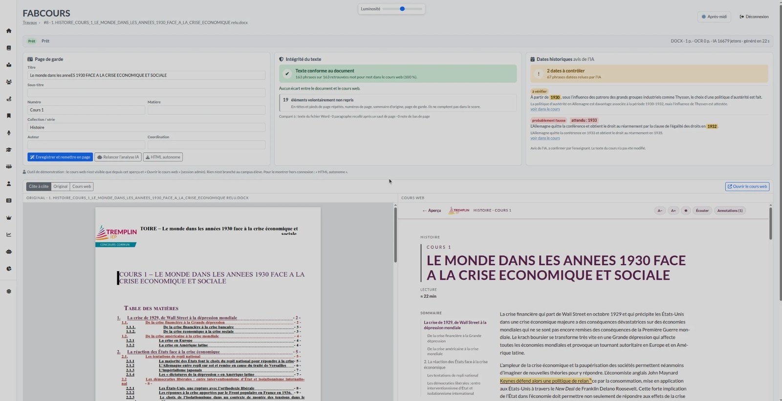 Fabcours : un cours Word analysé, avec le cours web généré à côté
