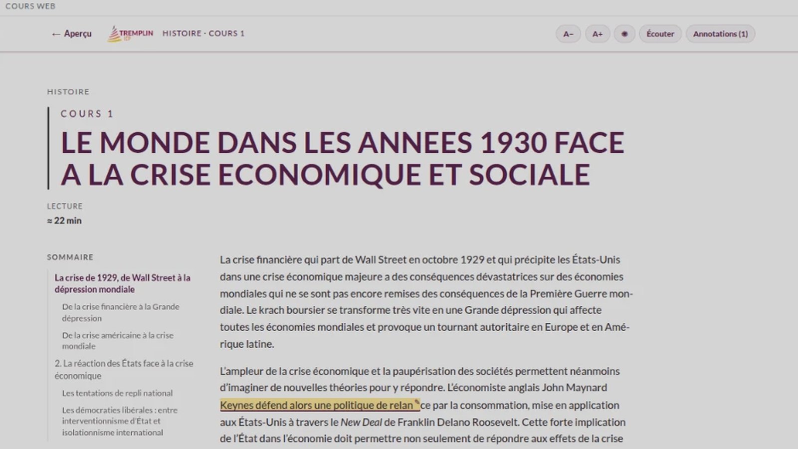 Fabcours : le cours web avec sommaire et temps de lecture